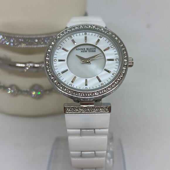 Anne Klein 12/2275SVST Women's 30mm White Ceramic Watch & Bracelet Set - Picture 3 of 12